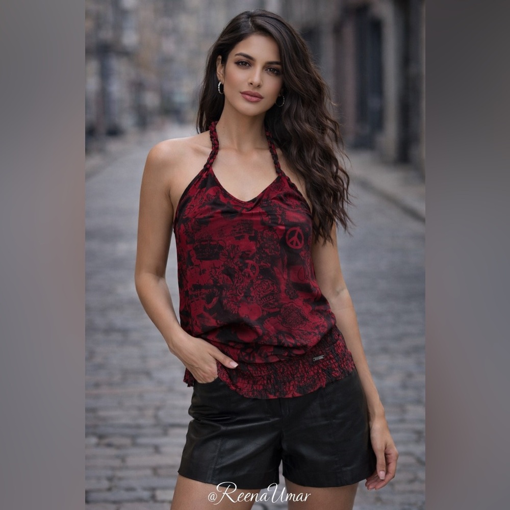 Guess Red & Black Floral Graphic Silk Halter Top